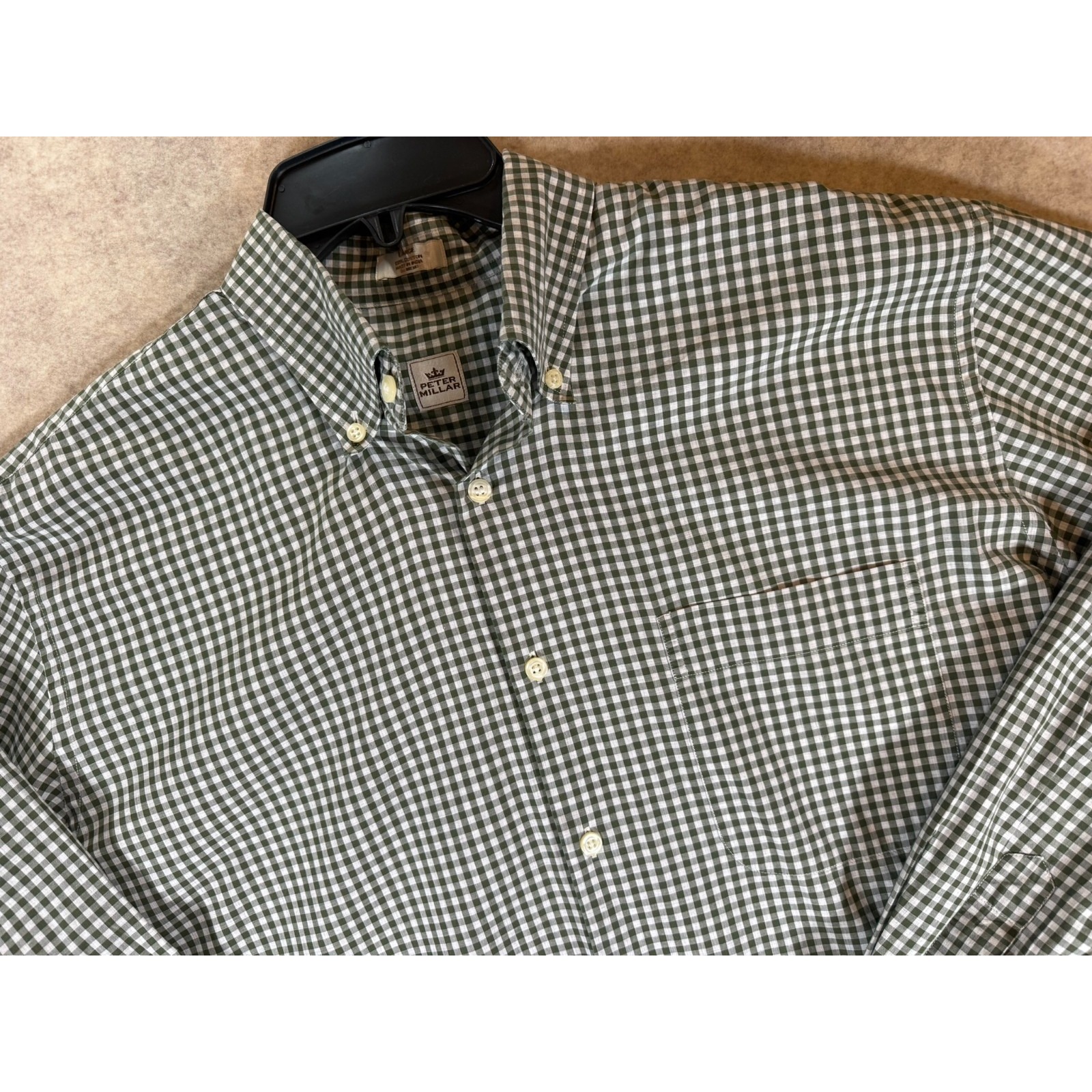 Peter Millar Mens Large Green Gingham Check Button Down Cotton Shirt Ls Flaw